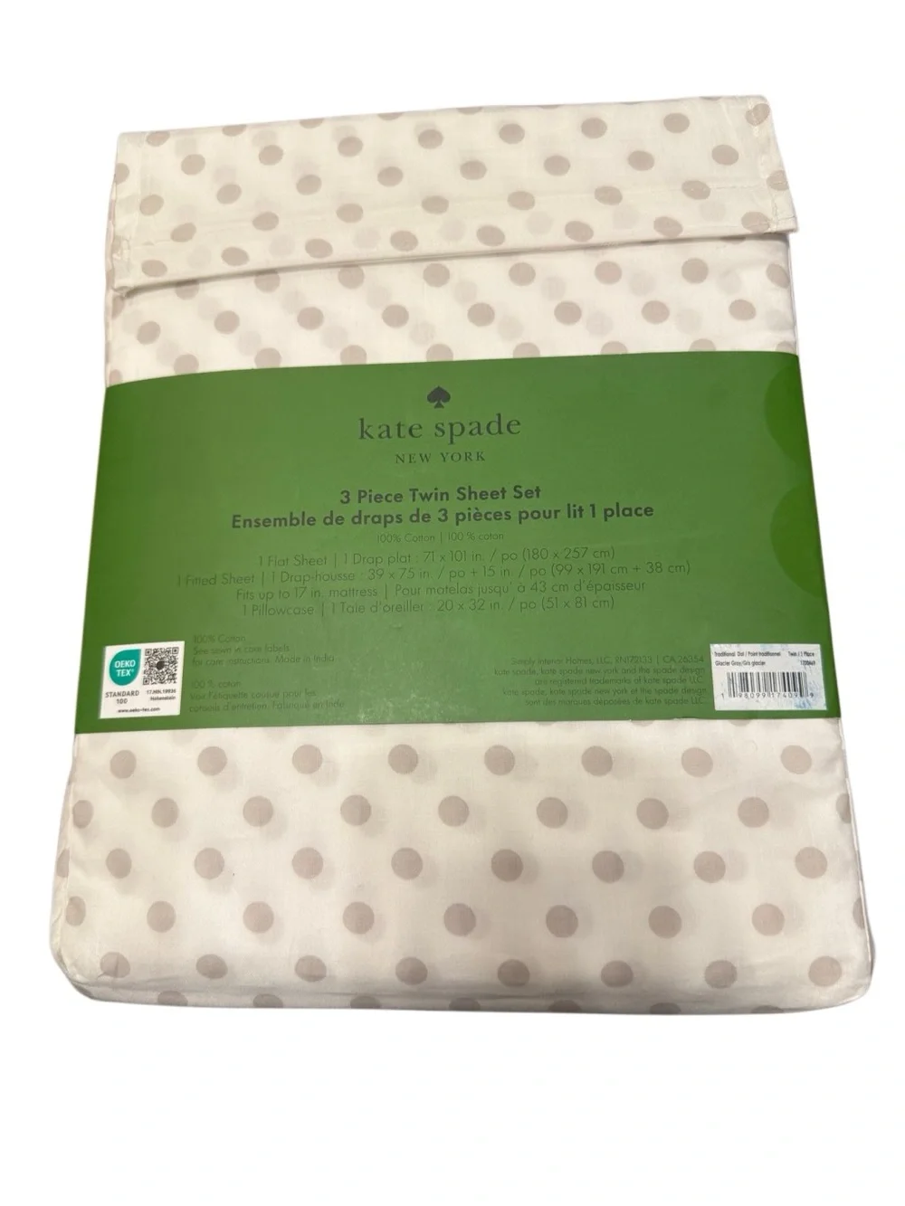 NEW Kate Spade 3 Pc Twin Sheet Set Traditional Dot Glacier Gray 100% Cotton